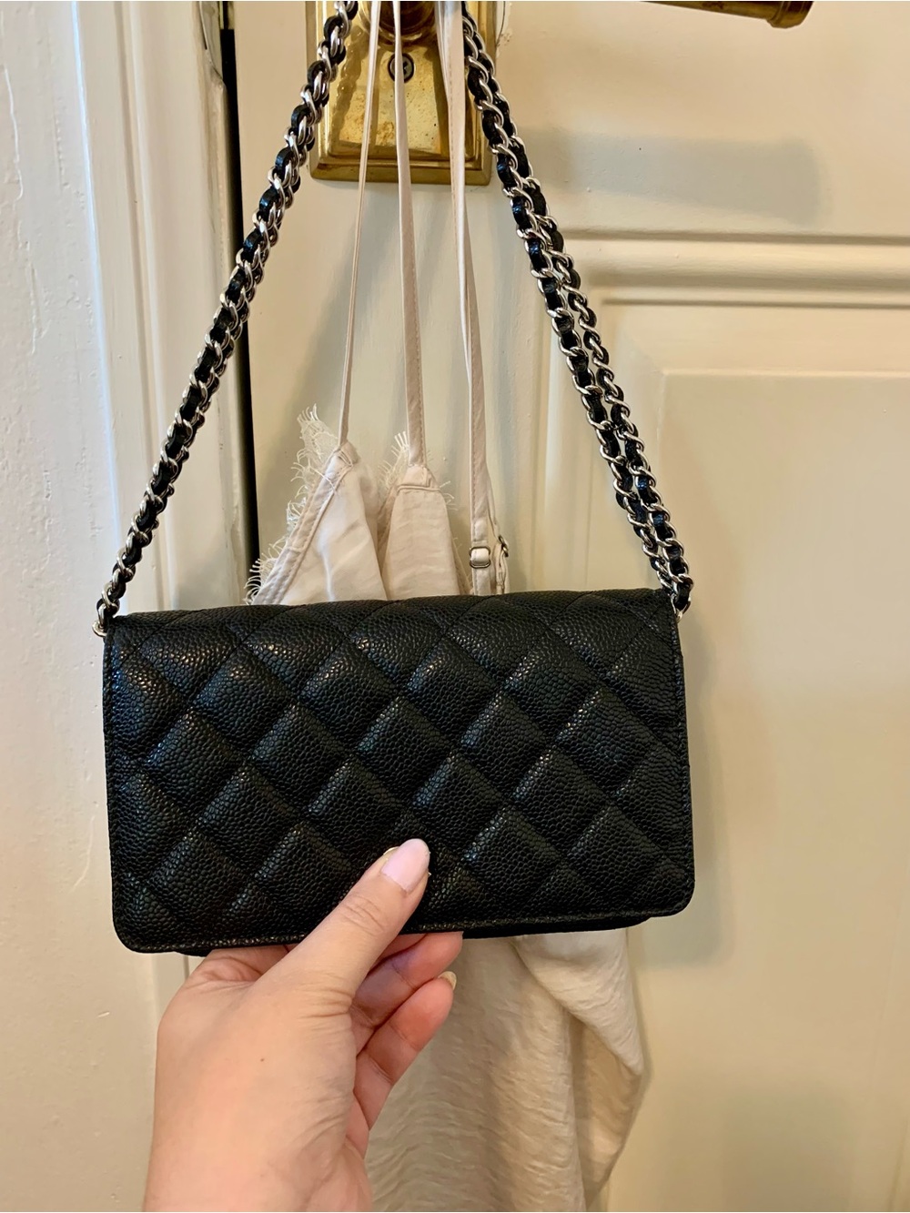 Black Caviar Leather Crossbody Bag with Silver Hardware